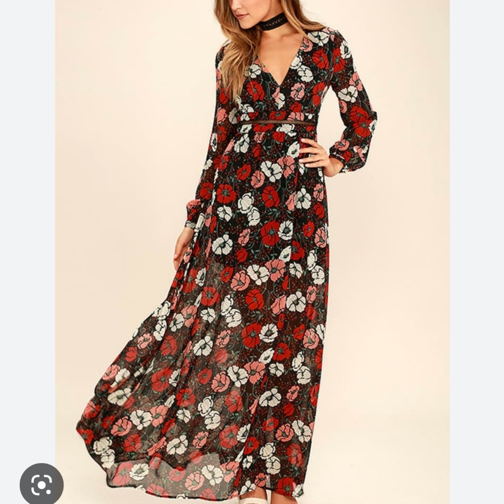 Lulus Parade of Poppies Black and Red Floral Print Maxi Dress
